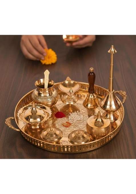 Gold RM Metals Traditional Brass Pooja Thali Set Engraved Design