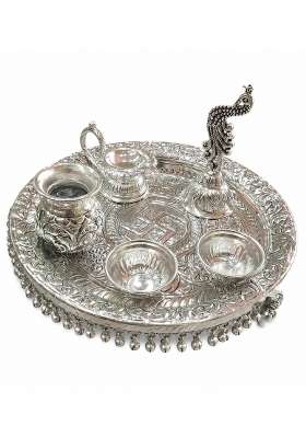 Alakrit Brass German Silver Pooja Thali Set with Elephant Base I for Home Temple Diwali and Daily Aarti