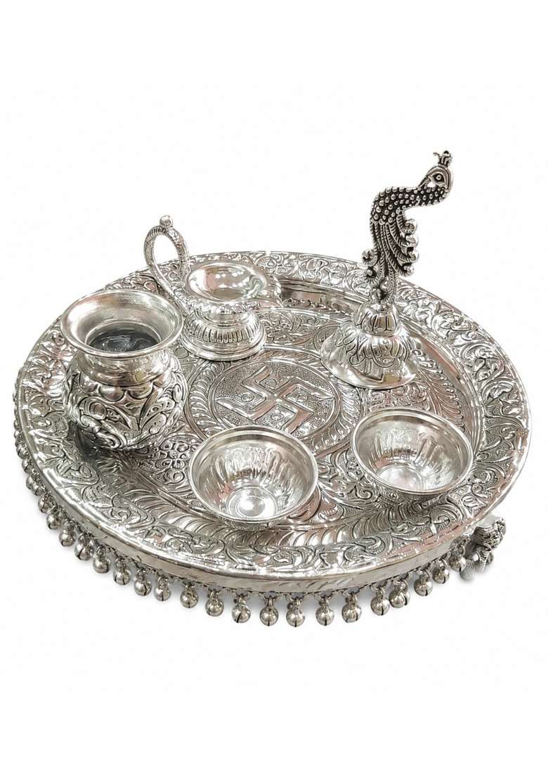 Alakrit Brass German Silver Pooja Thali Set with Elephant Base I for Home Temple Diwali and Daily Aarti - Indya