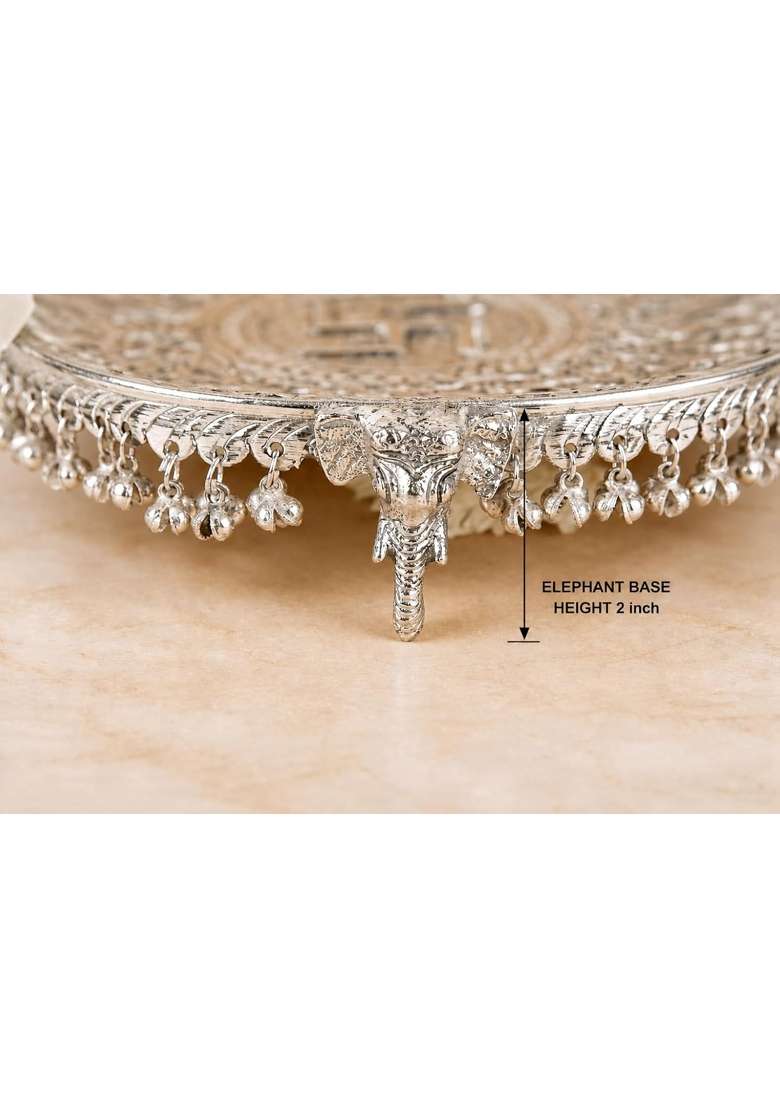 Alakrit Brass German Silver Pooja Thali Set with Elephant Base I for Home Temple Diwali and Daily Aarti - Indya