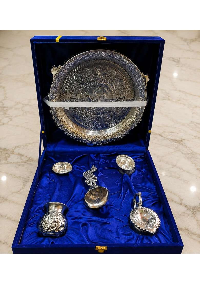 Alakrit Brass German Silver Pooja Thali Set with Elephant Base I for Home Temple Diwali and Daily Aarti - Indya