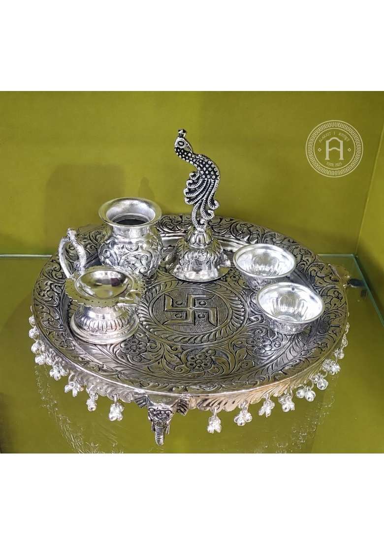 Alakrit Brass German Silver Pooja Thali Set with Elephant Base I for Home Temple Diwali and Daily Aarti - Indya