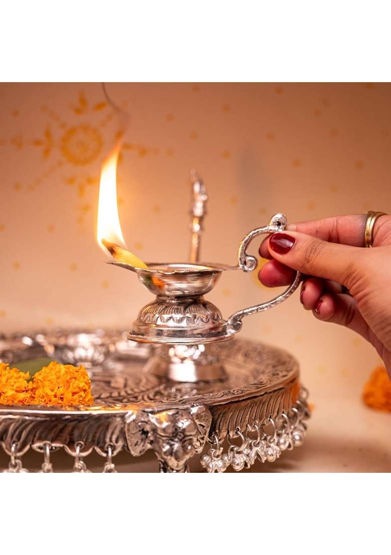 German Silver Pooja Aarti Thali Diameter 10 with Full Ghungroo Layer Home Temple Mandir Set of 6 - Indya