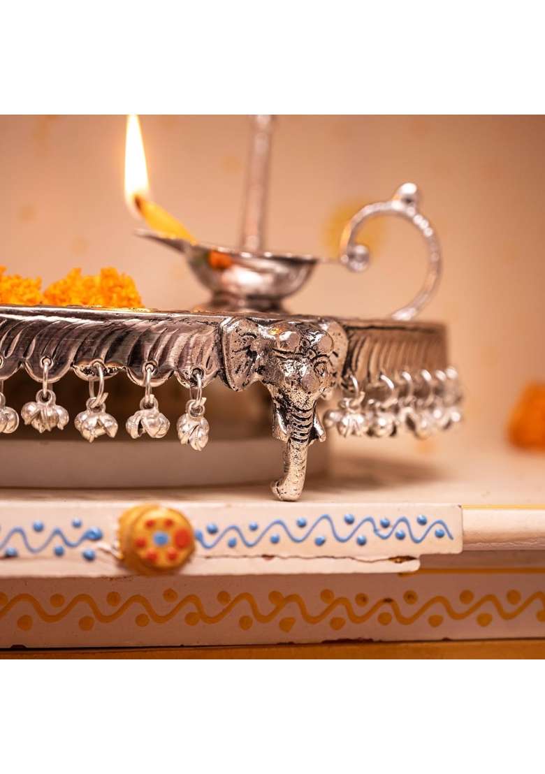 German Silver Pooja Aarti Thali Diameter 10 with Full Ghungroo Layer Home Temple Mandir Set of 6 - Indya