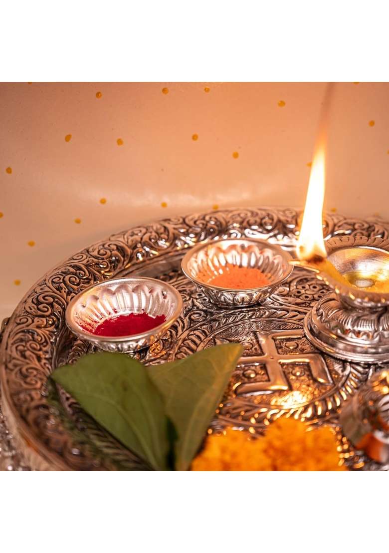 German Silver Pooja Aarti Thali Diameter 10 with Full Ghungroo Layer Home Temple Mandir Set of 6 - Indya