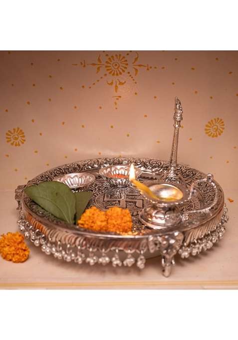 German Silver Pooja Aarti Thali Diameter 10 with Full Ghungroo Layer Home Temple Mandir Set of 6