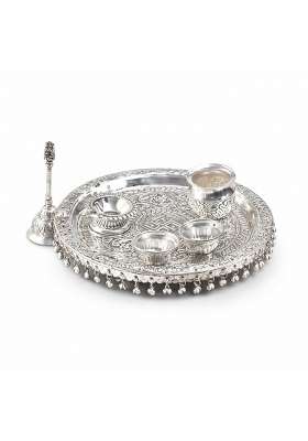 MLS Handicrafts Premium Handcrafted German Silver Pooja Thali Set with Swastik Engraving