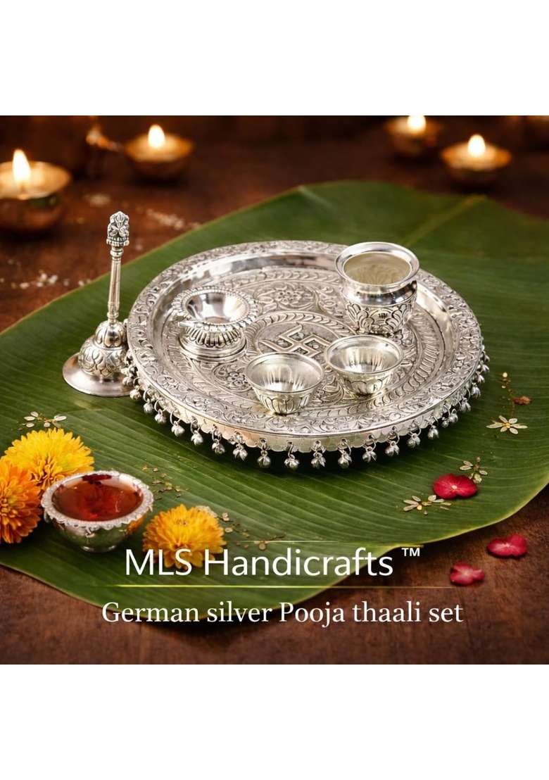 MLS Handicrafts Premium Handcrafted German Silver Pooja Thali Set with Swastik Engraving - Indya