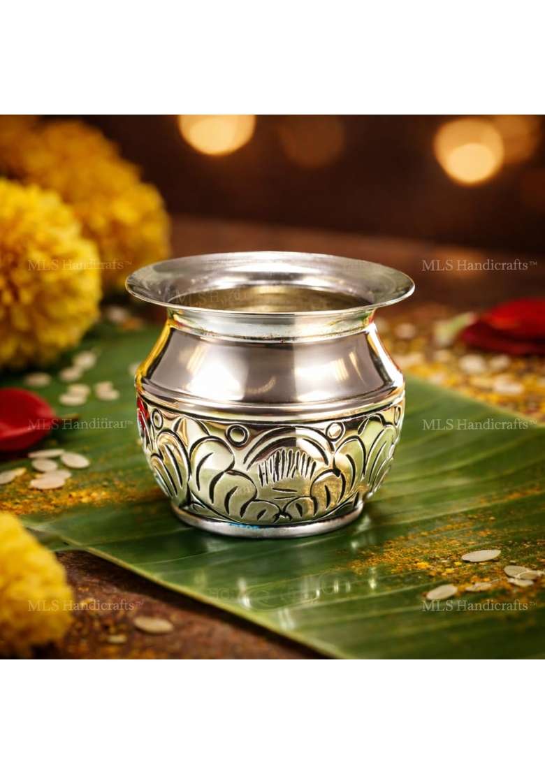 MLS Handicrafts Premium Handcrafted German Silver Pooja Thali Set with Swastik Engraving - Indya