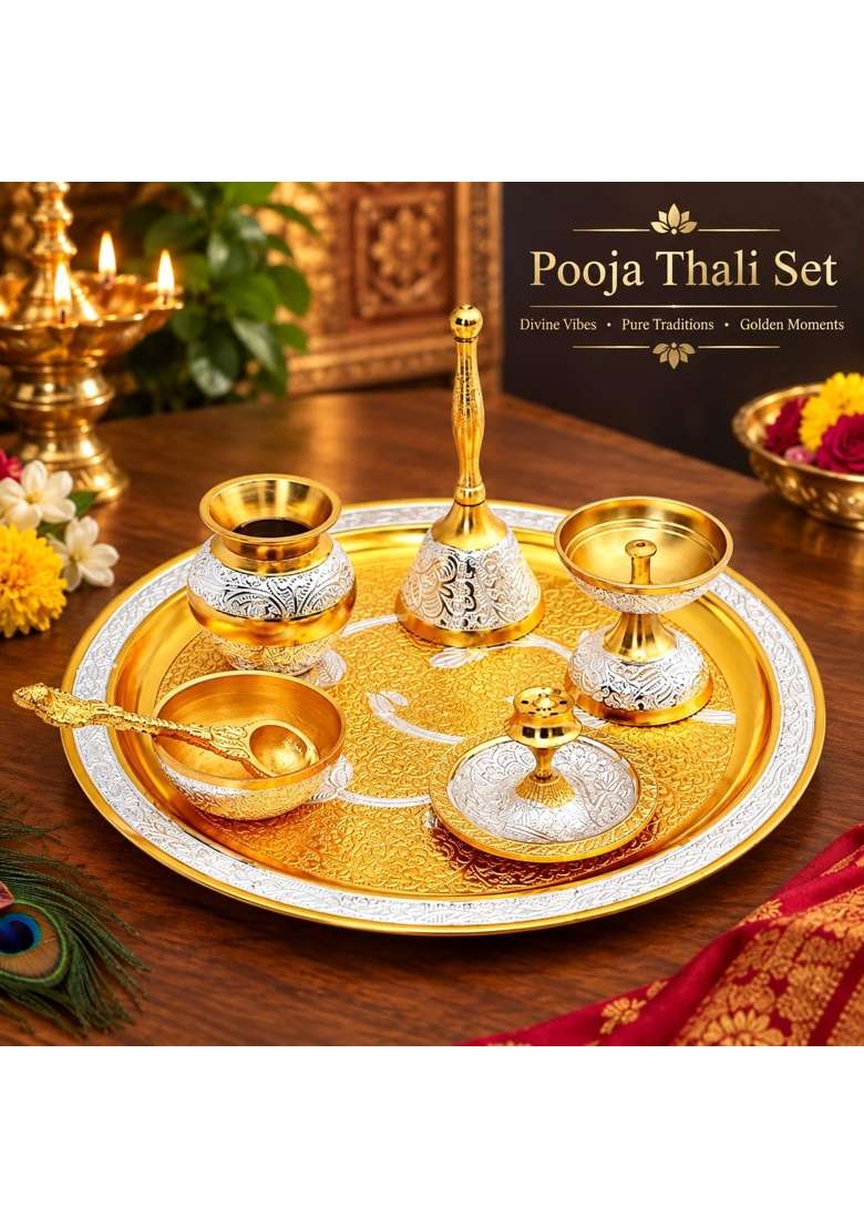 Gold Brass Pooja Thali Set - Indya