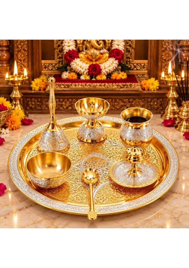 Gold Brass Pooja Thali Set - Indya
