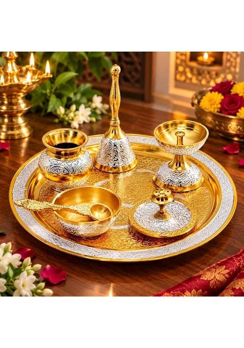 Gold Brass Pooja Thali Set