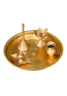 Jaypore Golden Brass Small Pooja Thali Set Brass Small Thali Set for Pooja Setup Offering Use