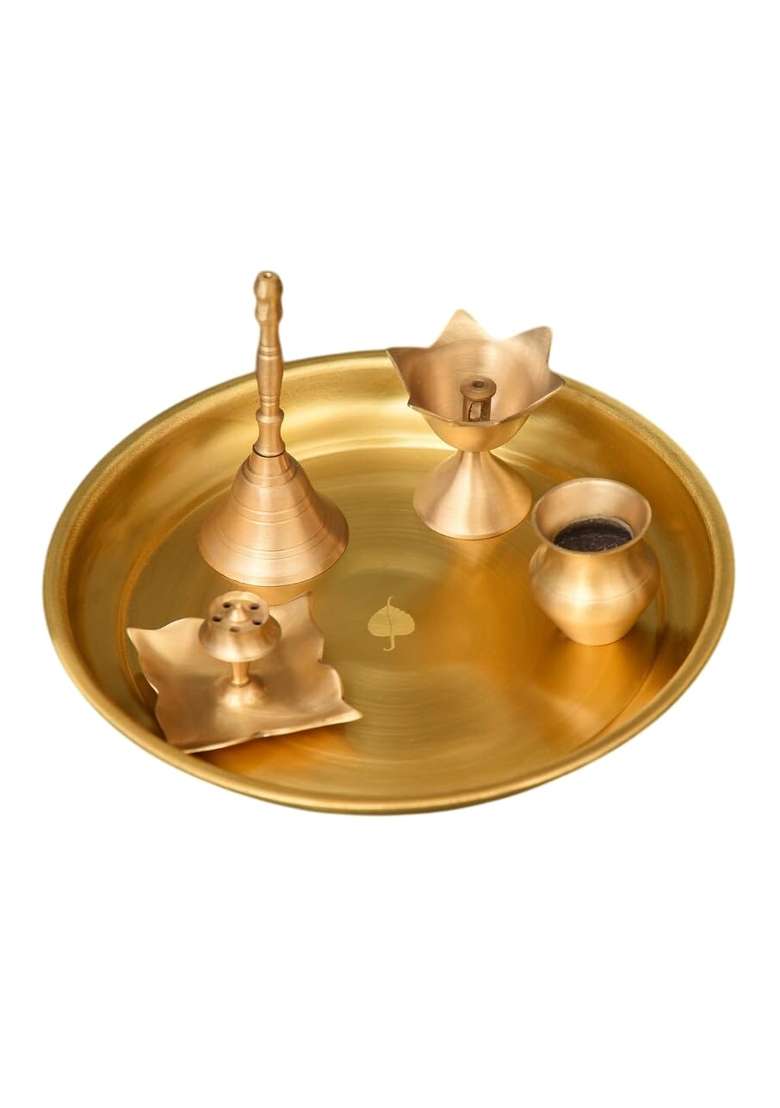 Jaypore Golden Brass Small Pooja Thali Set Brass Small Thali Set for Pooja Setup Offering Use - Indya