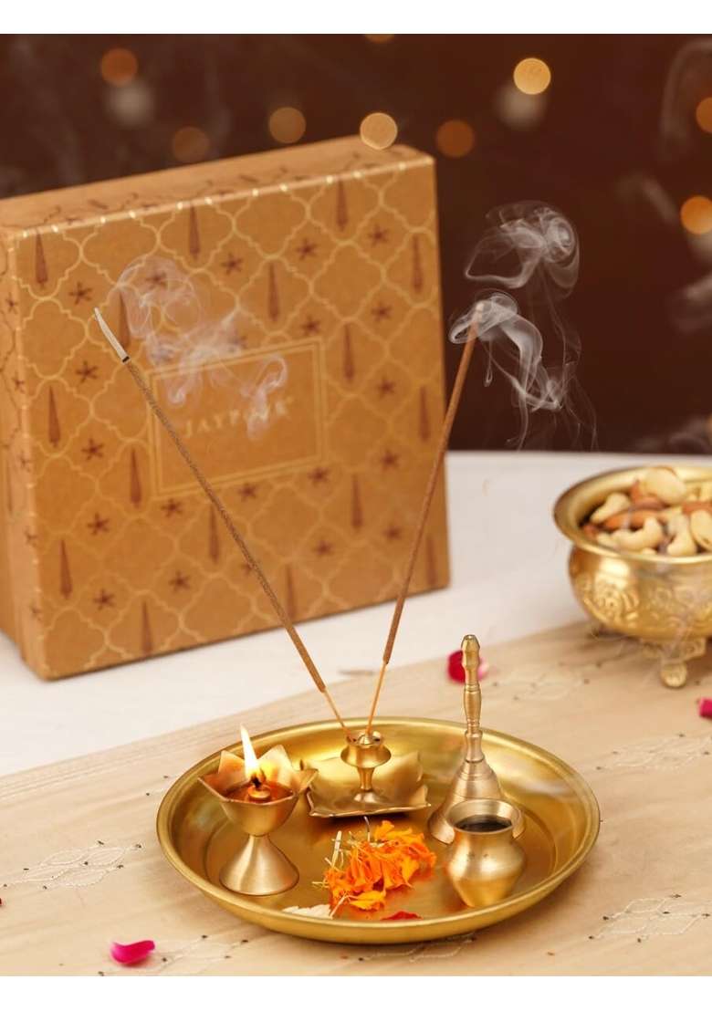 Jaypore Golden Brass Small Pooja Thali Set Brass Small Thali Set for Pooja Setup Offering Use - Indya