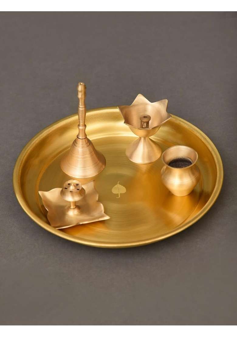 Jaypore Golden Brass Small Pooja Thali Set Brass Small Thali Set for Pooja Setup Offering Use - Indya