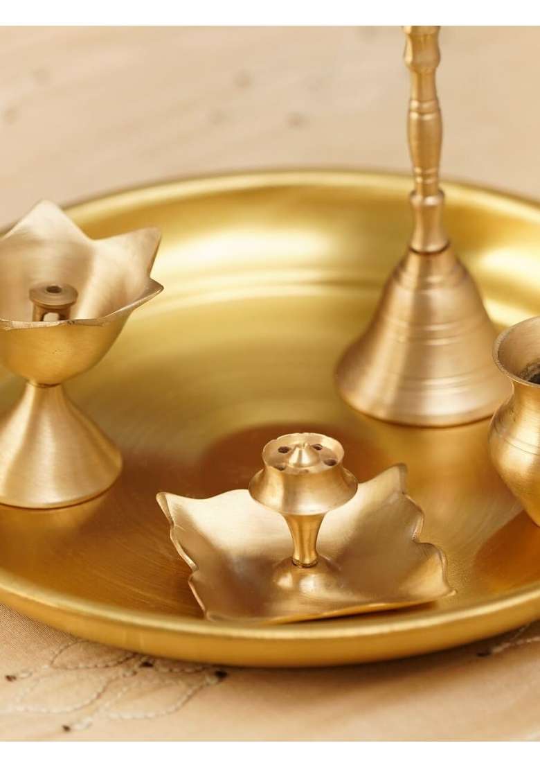 Jaypore Golden Brass Small Pooja Thali Set Brass Small Thali Set for Pooja Setup Offering Use - Indya