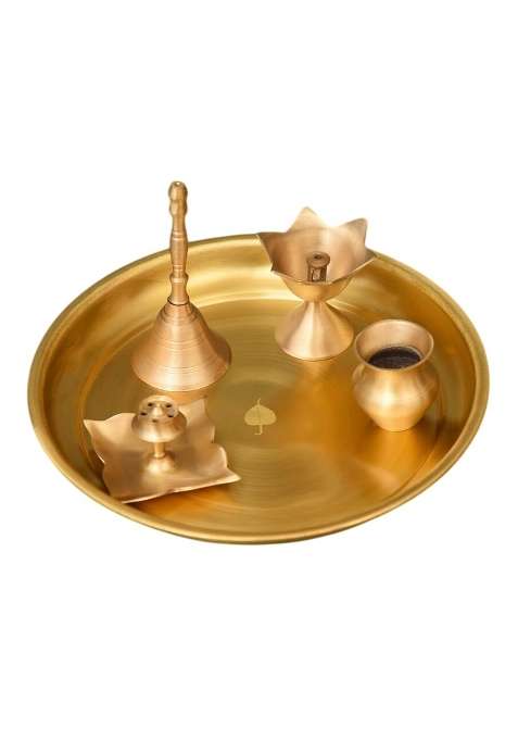 Jaypore Golden Brass Small Pooja Thali Set Brass Small Thali Set for Pooja Setup Offering Use