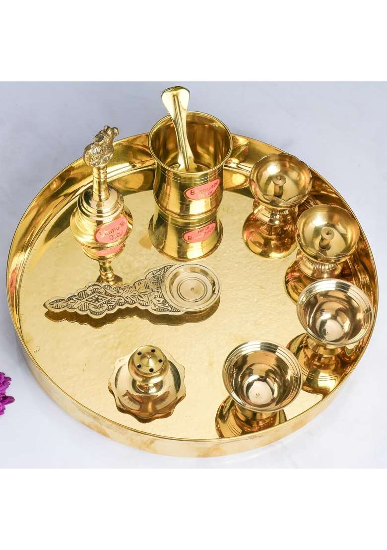 Bhimonee Decor Gold Handcrafted Ring Brass Pooja Thali Set - Indya