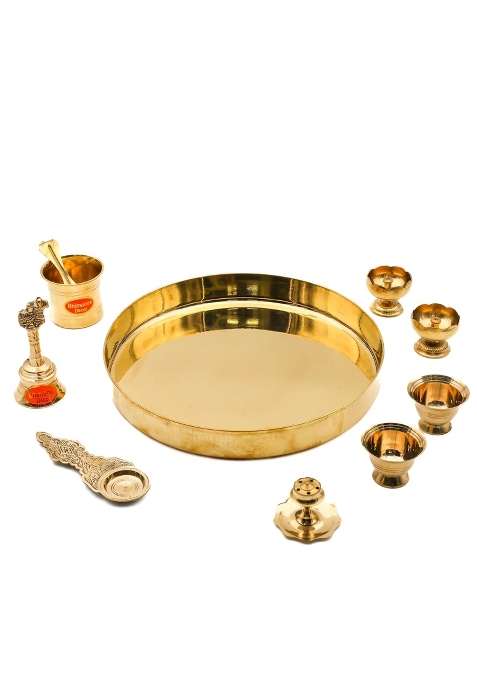 Bhimonee Decor Gold Handcrafted Ring Brass Pooja Thali Set