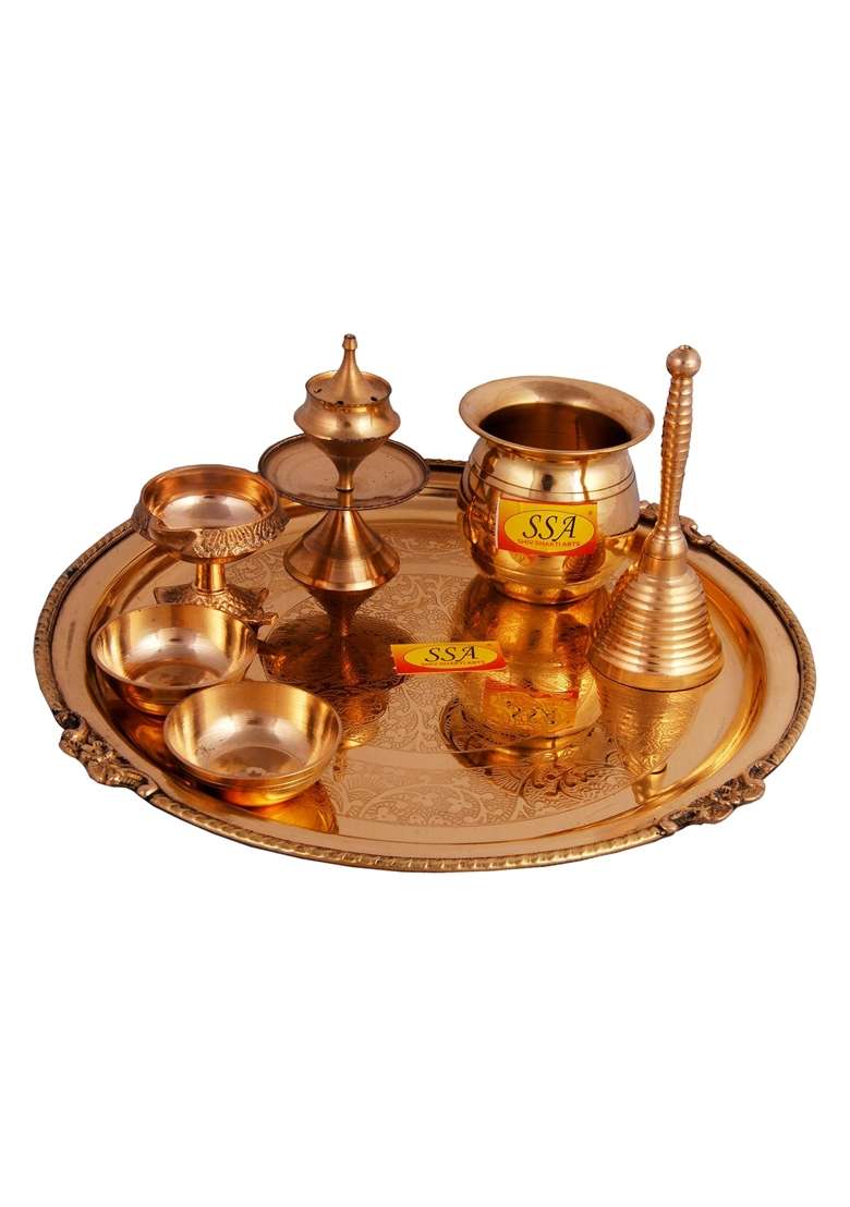 Shiv Shakti Arts Brass Pooja Thali Pcs Yellow 1 Karvi 26 CM Pooja Plate 1 Ghanti 1 Kuber Diya Set of 7 - Indya