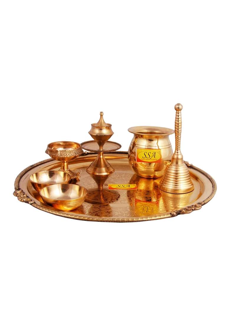 Shiv Shakti Arts Brass Pooja Thali Pcs Yellow 1 Karvi 26 CM Pooja Plate 1 Ghanti 1 Kuber Diya Set of 7 - Indya