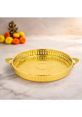 Spillbox Brass Puja Thali with Handles Decorative Brass Aarti Plate Traditional Pittal Thali for Puja Mandir