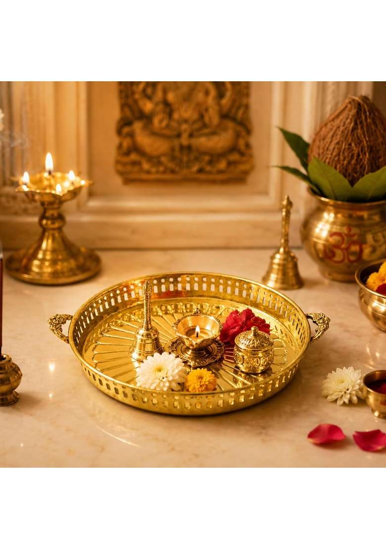 Spillbox Brass Puja Thali with Handles Decorative Brass Aarti Plate Traditional Pittal Thali for Puja Mandir - Indya