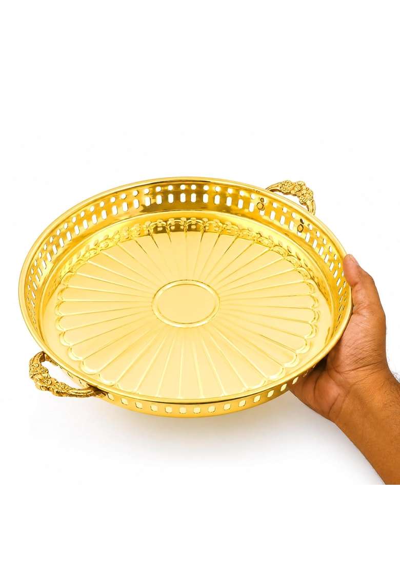 Spillbox Brass Puja Thali with Handles Decorative Brass Aarti Plate Traditional Pittal Thali for Puja Mandir - Indya