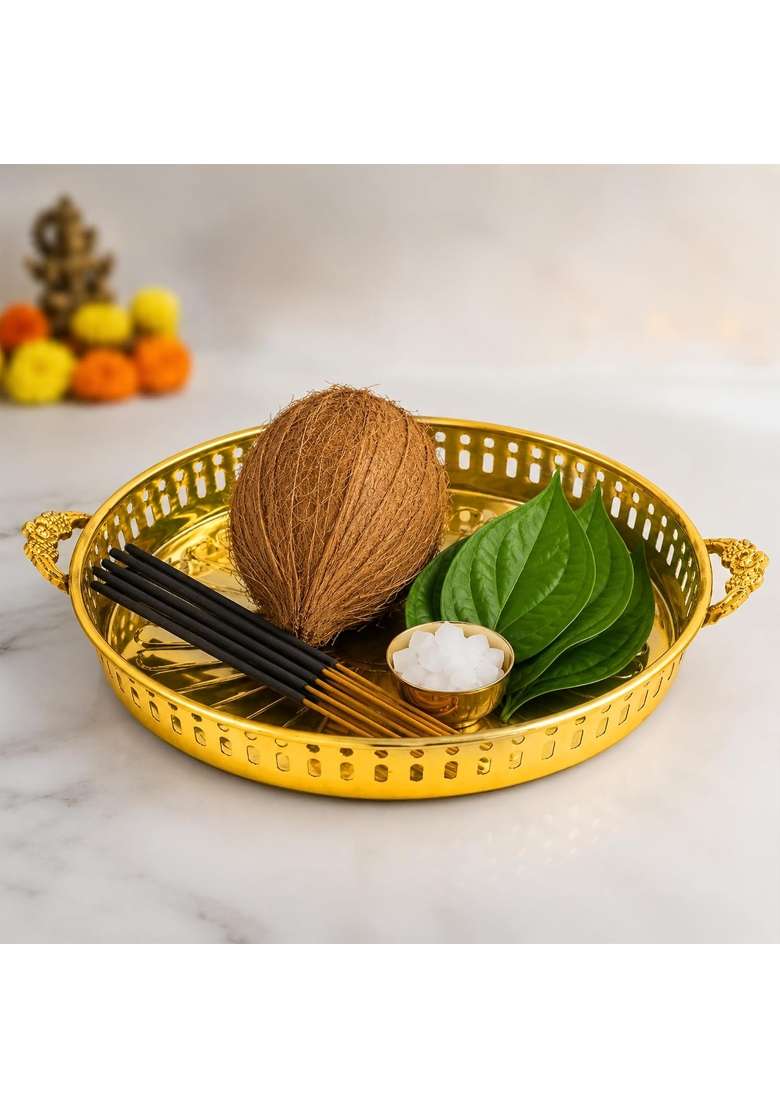 Spillbox Brass Puja Thali with Handles Decorative Brass Aarti Plate Traditional Pittal Thali for Puja Mandir - Indya