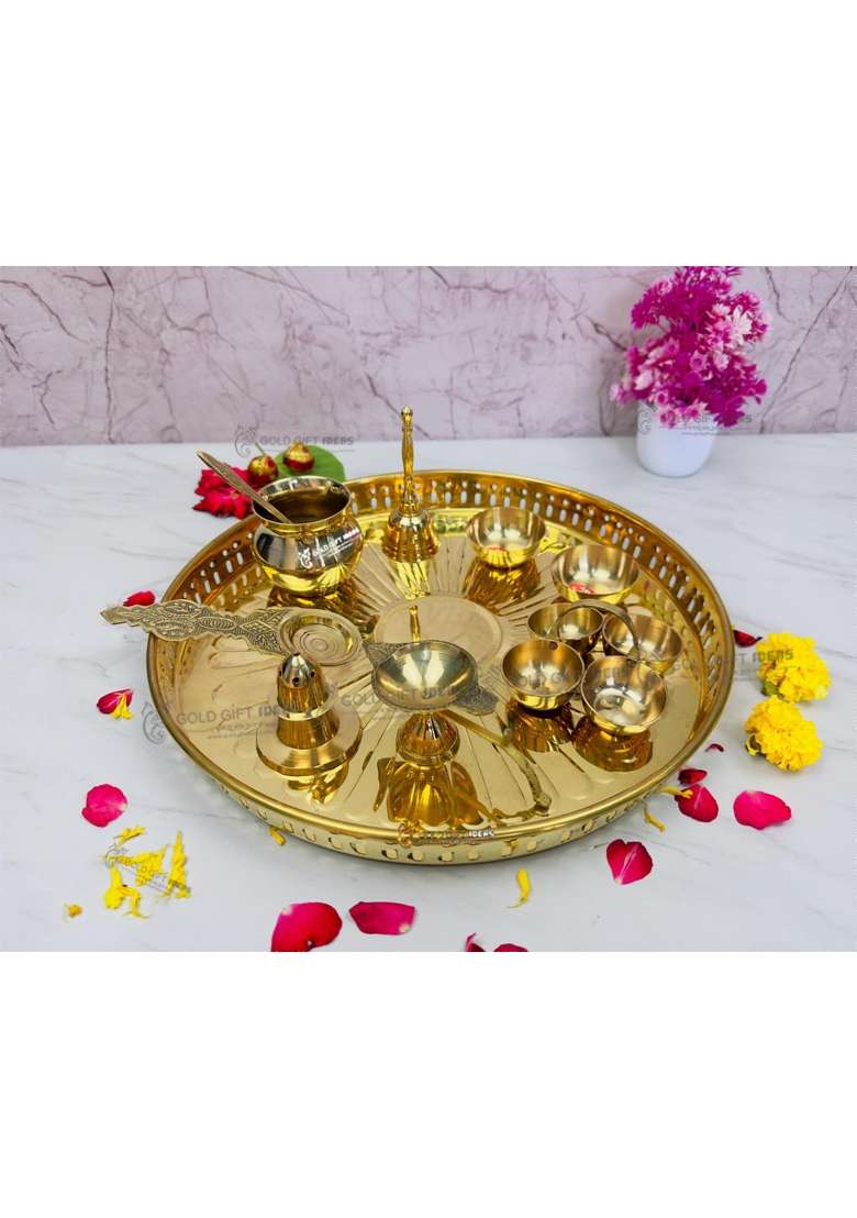 Goldgiftideas 12 Inch Brass Aaradhya Pooja Thali Set for Home Temple Brass Diwali Pooja Thali Set for Gift - Indya
