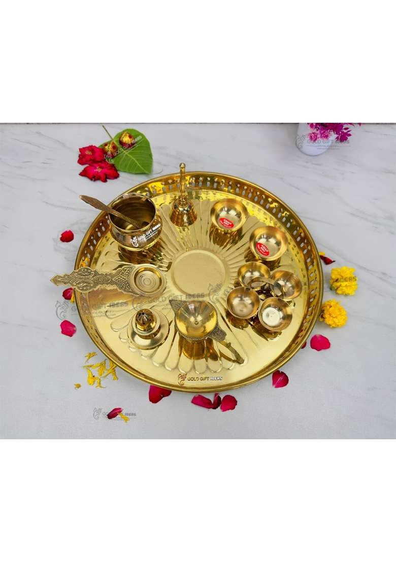 Goldgiftideas 12 Inch Brass Aaradhya Pooja Thali Set for Home Temple Brass Diwali Pooja Thali Set for Gift - Indya