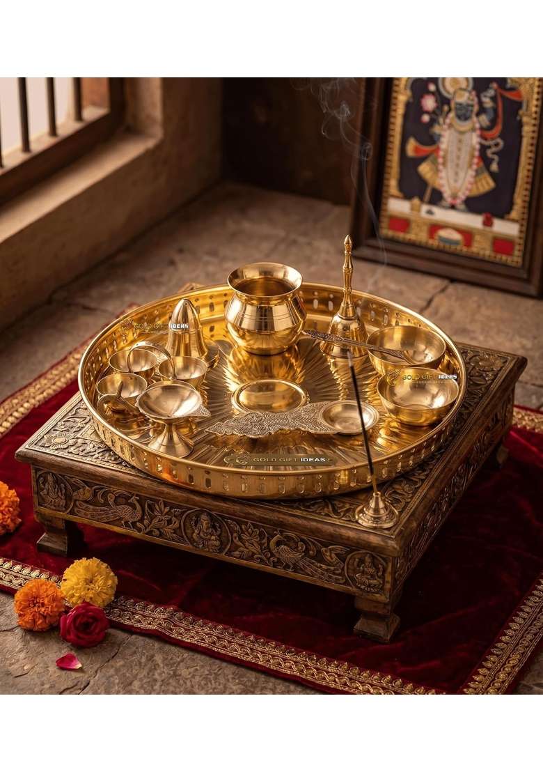 Goldgiftideas 12 Inch Brass Aaradhya Pooja Thali Set for Home Temple Brass Diwali Pooja Thali Set for Gift - Indya