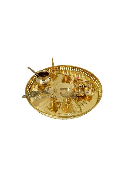 Goldgiftideas 12 Inch Brass Aaradhya Pooja Thali Set for Home Temple Brass Diwali Pooja Thali Set for Gift