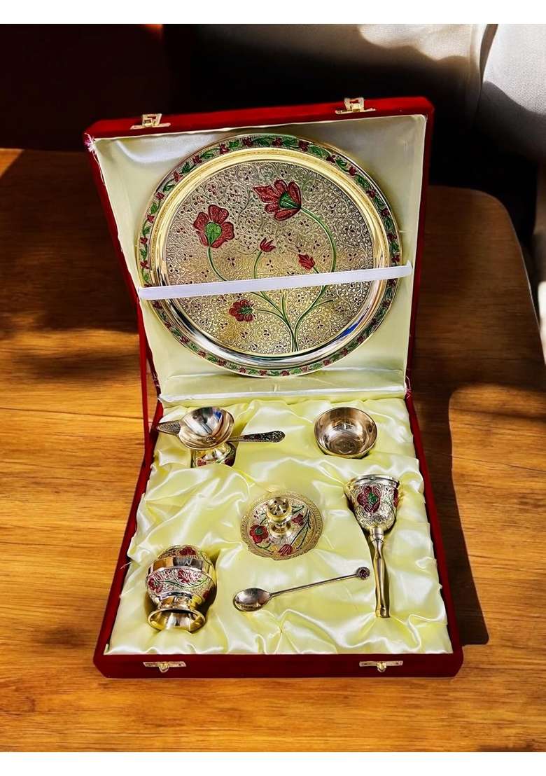 Grehshobha Pure Brass India Flower Colorful Decorative Brass Thali with Red Velvet Box - Indya