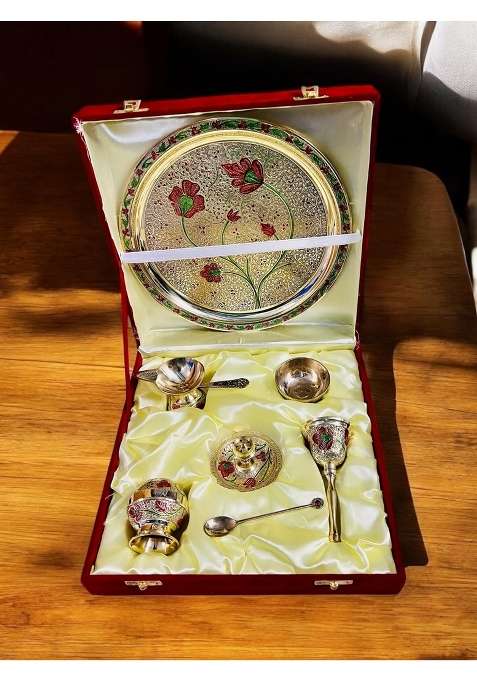 Grehshobha Pure Brass India Flower Colorful Decorative Brass Thali with Red Velvet Box
