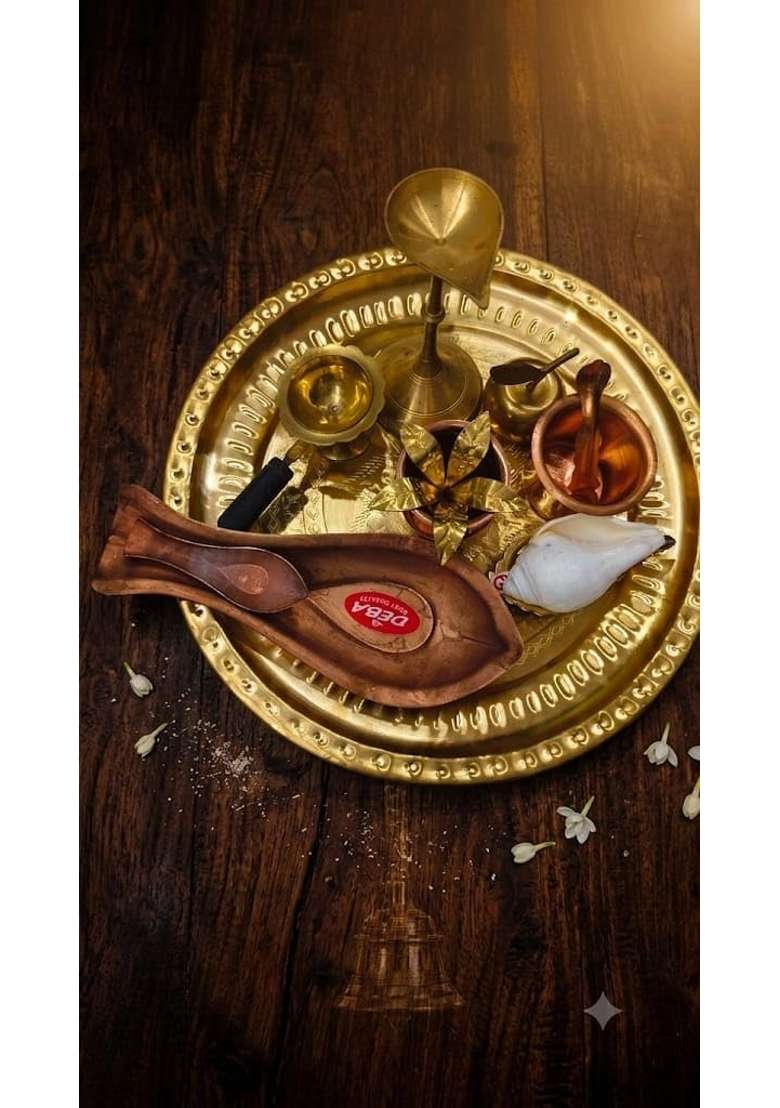Gold 12 Pcs Brass Puja Thali Set for Home Temple Diya Kapoor Dani Shankh with Stand Koshakushi Ghot Sindoor - Indya