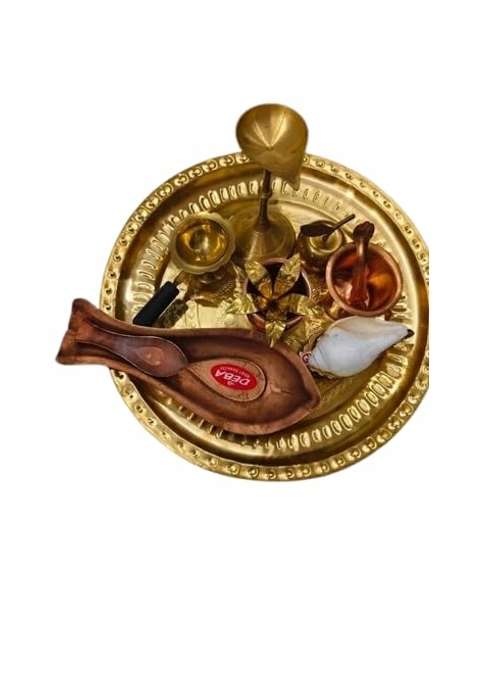 Gold 12 Pcs Brass Puja Thali Set for Home Temple Diya Kapoor Dani Shankh with Stand Koshakushi Ghot Sindoor