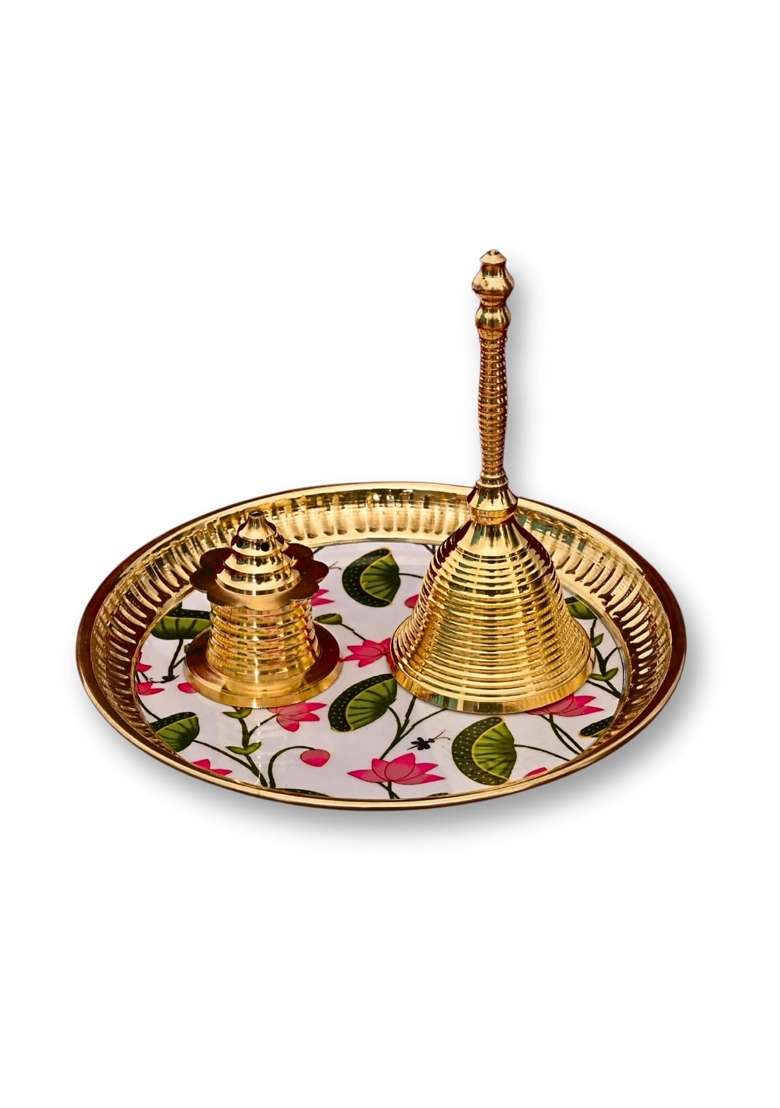 Ambikriti Brass Pooja Thali Set Gold 7 Inch Designer Plate with Ghanti Bell and Agarbatti Stand Set of 3 - Indya