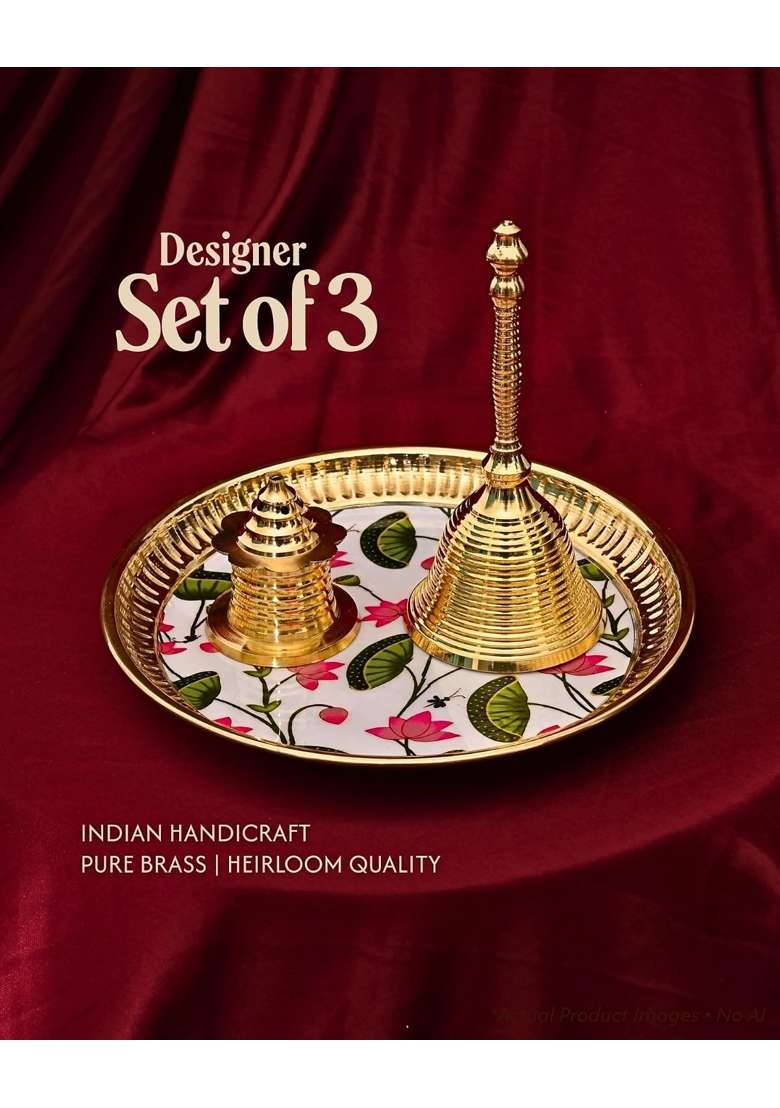 Ambikriti Brass Pooja Thali Set Gold 7 Inch Designer Plate with Ghanti Bell and Agarbatti Stand Set of 3 - Indya
