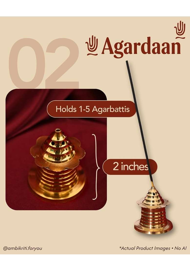 Ambikriti Brass Pooja Thali Set Gold 7 Inch Designer Plate with Ghanti Bell and Agarbatti Stand Set of 3 - Indya