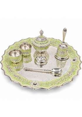 Smarm Mirza Handicraft Premium German Silver Pooja Thali Green Set of 7