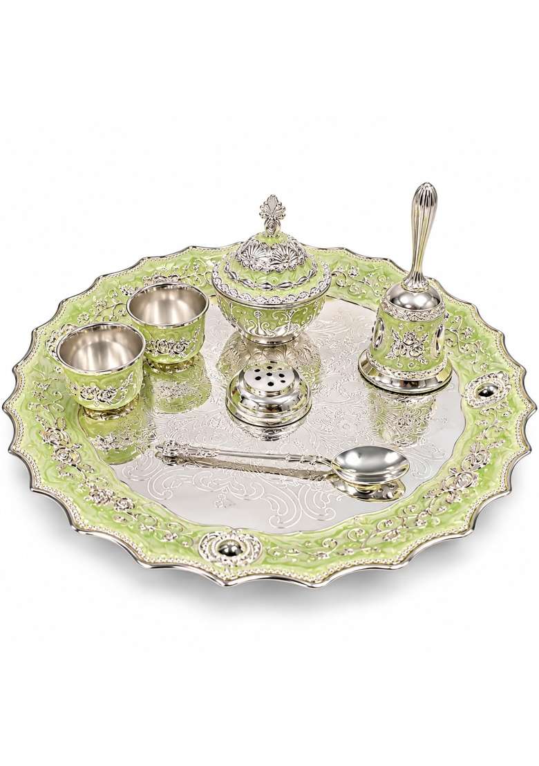 Smarm Mirza Handicraft Premium German Silver Pooja Thali Green Set of 7 - Indya