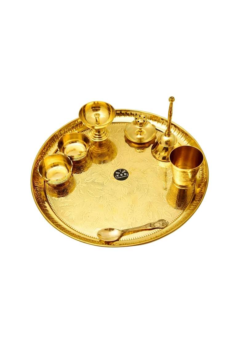 KBB Yellow Brass Pooja Thali Set Pooja Set - Indya