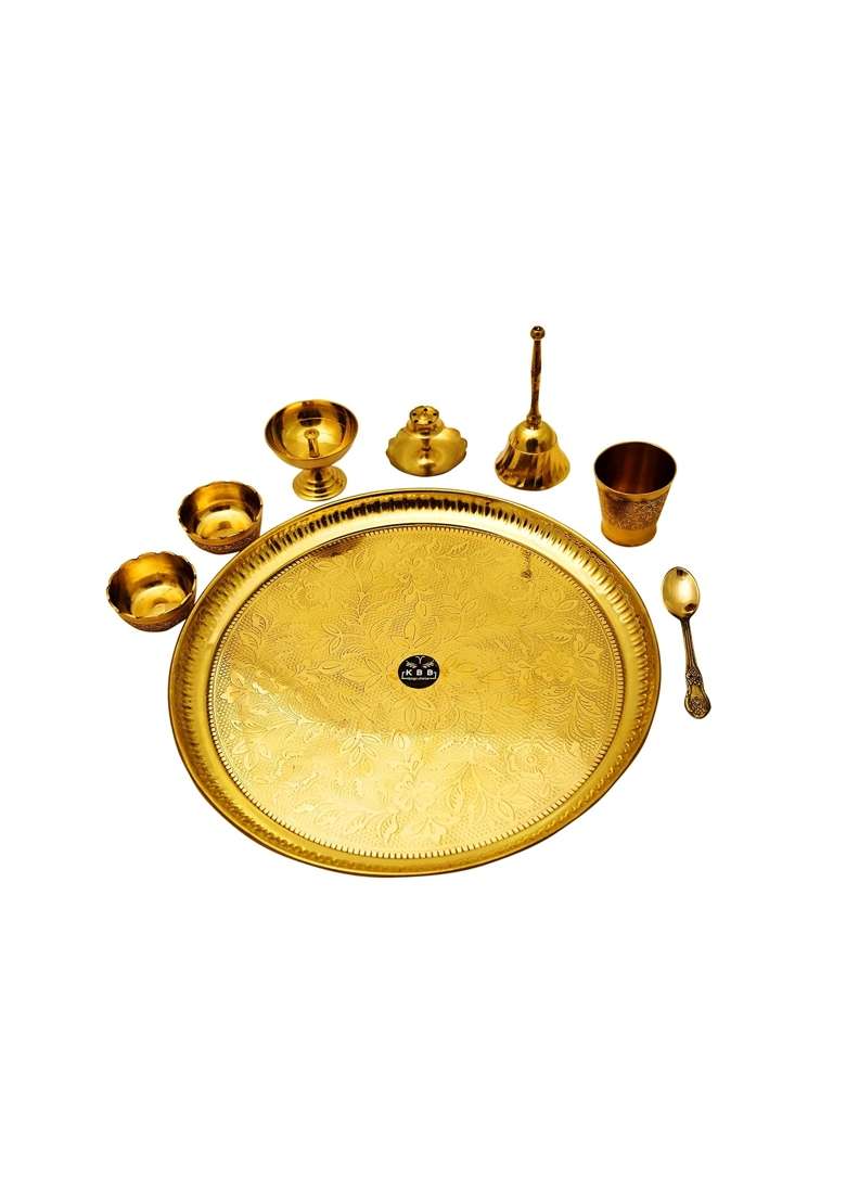 KBB Yellow Brass Pooja Thali Set Pooja Set - Indya