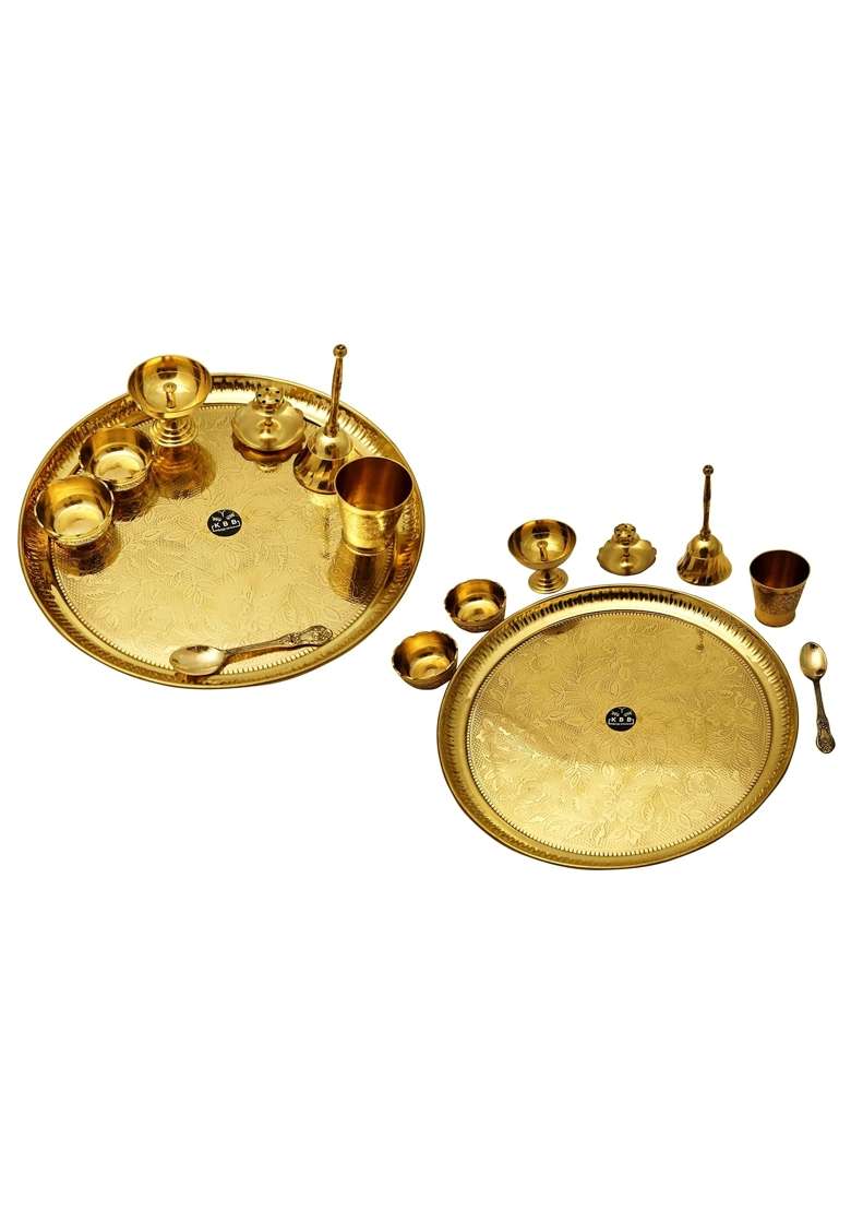 KBB Yellow Brass Pooja Thali Set Pooja Set - Indya