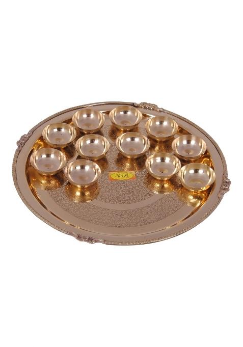 Shiv Shakti Arts Yellow Handmade Pure Brass Diya Pooja Thali Set 12 Pcs Set of 11