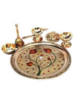 Brasscity Special Flower Design Hand Crafted Brass Pital Pooja Thali Set