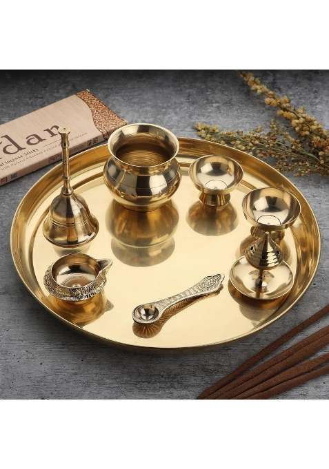 Dokchan Handmade Brass Plain Puja Thali Set for Aarti Pooja Decor Diwali Gifts for Family and Friends