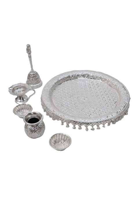Karigar Creations Silver Brass Pooja Thali for Puja Traditional Brass Puja Thali with Diya Set of 6